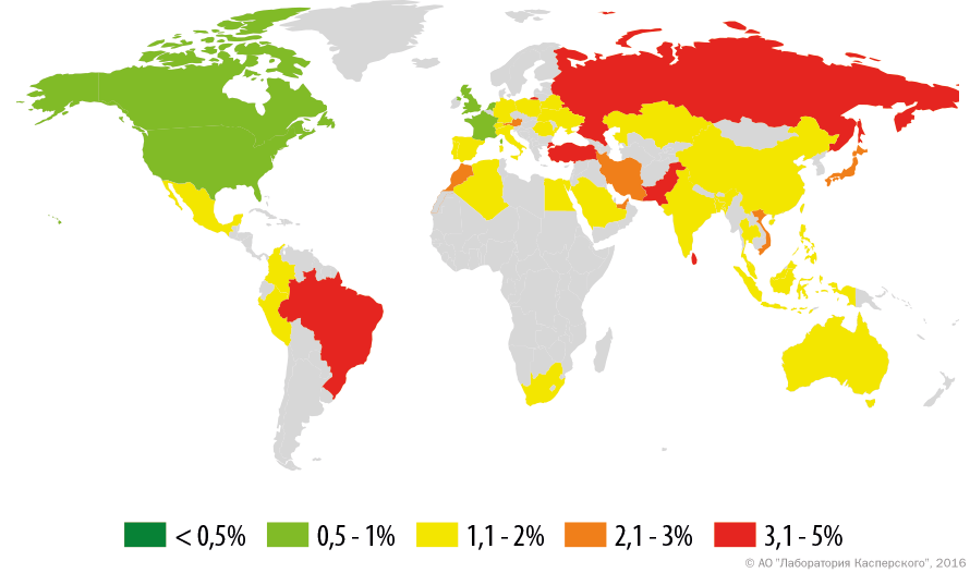 География атак финансового вредоносного ПО в 2016 году (доля атакованных пользователей в стране)